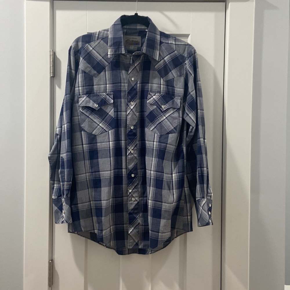 Authentic western men's 15 1/2 32/33 blue plaid pearl snap long sleeve